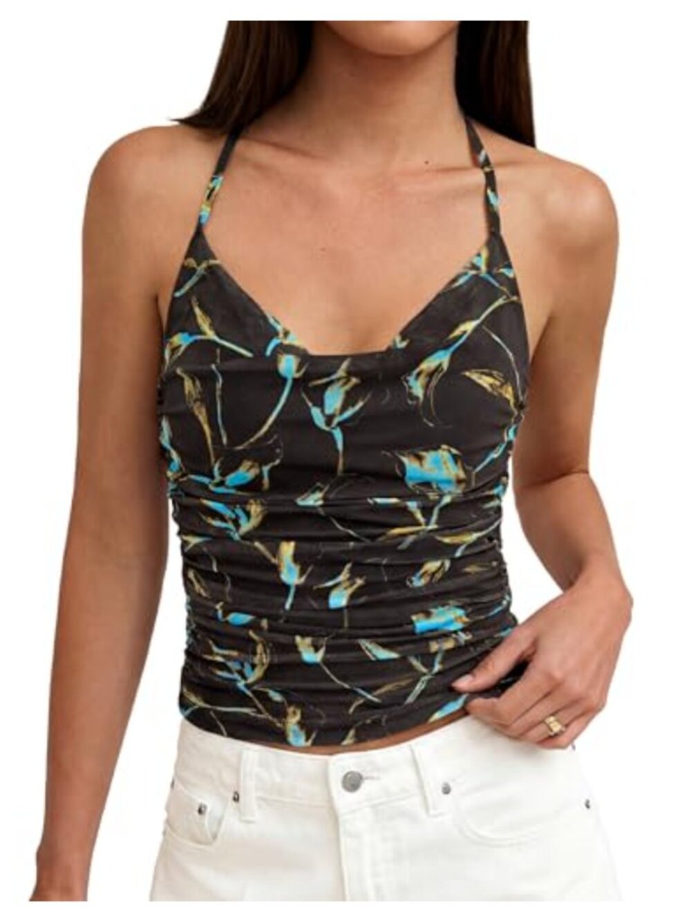 Women's Sleeveless Floral Halter Top Cowl Neck Mesh Ruched Going Out Y2K